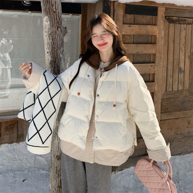 白色撞色拼接假两件保暖针织连帽羽绒服190-5083-90-P350K488图片