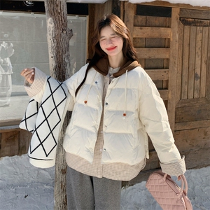 白色撞色拼接假两件保暖针织连帽羽绒服190-5083-90-P350K488图片
