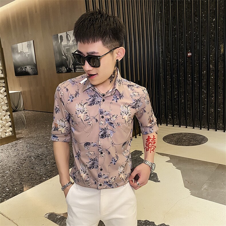 312A-191-P55 新款社会小伙中袖衬衫韩版潮流男士五分袖衬衣A图片