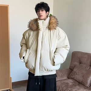 现货三防重磅硬挺boxy短款羽绒棉衣座山雕大毛毛领PU皮棉服外套冬图片