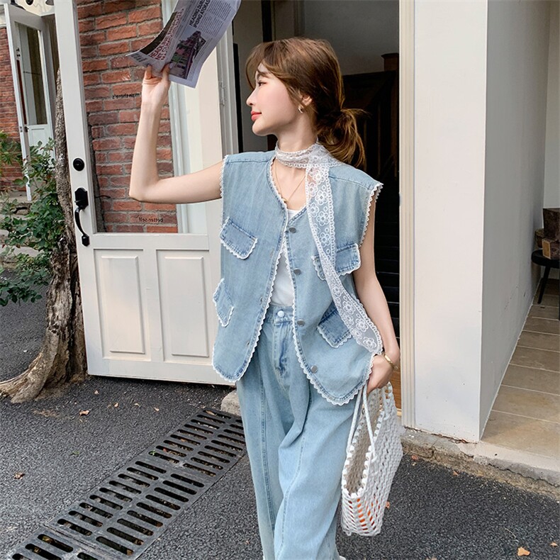 2025夏季新款蕾丝花边拼接包边牛仔套装女设计感马甲阔腿裤两件套,女装套装/套裙,2C037