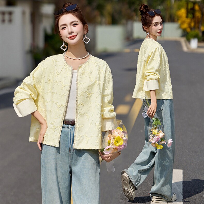 黄色显白超好看提花短外套女2025春装新款小香风时尚气质减龄上衣，女装短外套，布芭啦