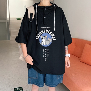 LD54160-P45 连帽短袖t恤男大码胖子带帽五分袖中袖图片