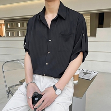 23暗条纹垂感冰丝衬衫白男士短袖七分袖宽松衬衣DJ8313P58控88，男装T恤，电商B413