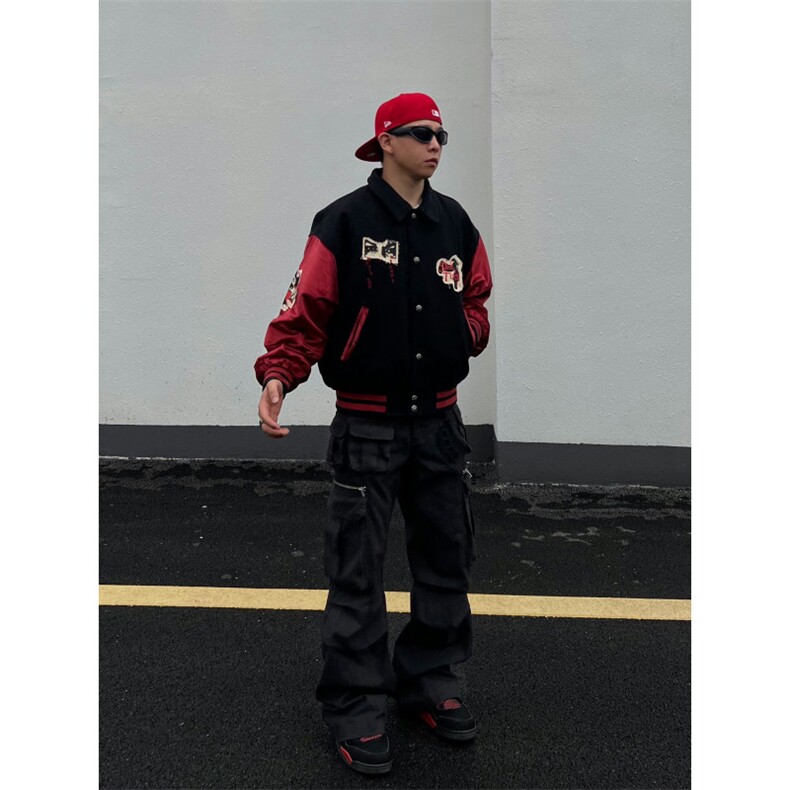 男美式复古撞色拼接夹克棒球服男女贴布绣宽松情侣外套HH209P74,男装夹克,星座1013-5