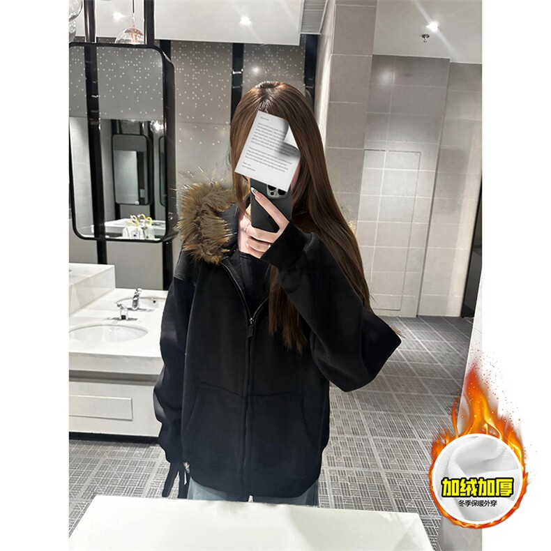 480G重磅加绒硬挺boxy秋冬美式高街超大毛领座山雕连帽卫衣厚外套，女装短外套，电商A486-1