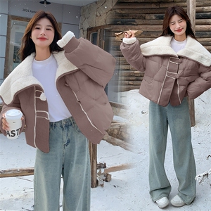 白色羊羔毛海军领短款羽绒服女冬独特超好看高级设计感小众厚外套图片