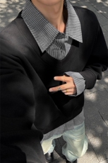 衬衫领拼接卫衣男春秋季美式设计感拼接潮牌潮流宽松套头休闲上衣，男装卫衣，电商A001-1