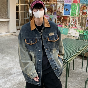 美式高质量复古做旧水洗拼接底特律牛仔外套男机车夹克JK1179-P80图片