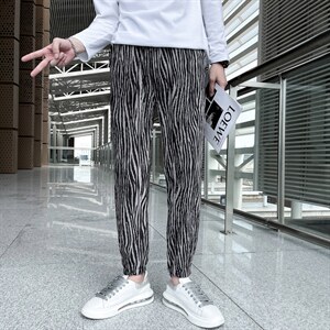 2025秋冬新款丝绒褶皱休闲裤男韩版潮流网红斑马纹社会小伙裤子，男装休闲裤，电商A327