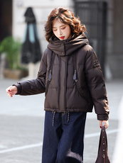 时尚格纹拼接连帽短款羽绒服女2025冬季加厚保暖小个子白鸭绒外套，女装羽绒服，歌伊格美