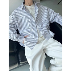 杭州现货时尚竖条纹廓形宽松白衬衫ins男休闲经典款复古百搭衬，男装衬衫，星座218-1（原230）