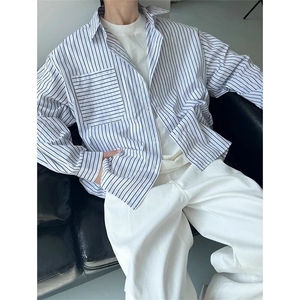 杭州现货时尚竖条纹廓形宽松白衬衫ins男休闲经典款复古百搭衬图片