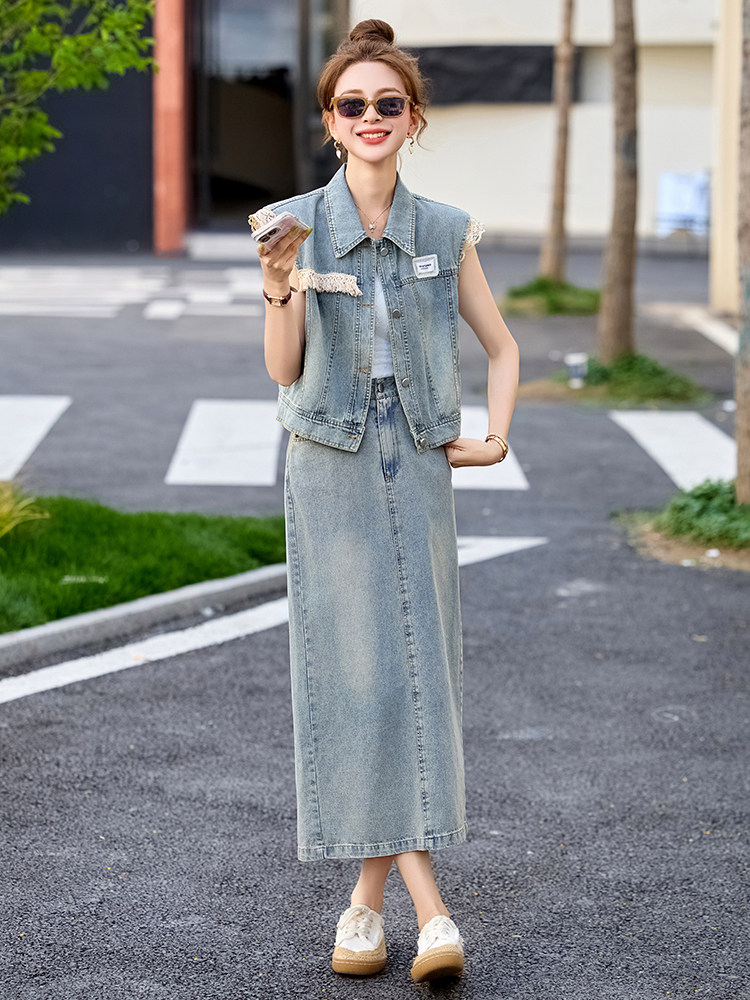 港风炸街牛仔套装裙女夏2025新款牛仔马甲半身裙超好看欧货两件套,女装套装/套裙,艾仟回(原伊仟回)