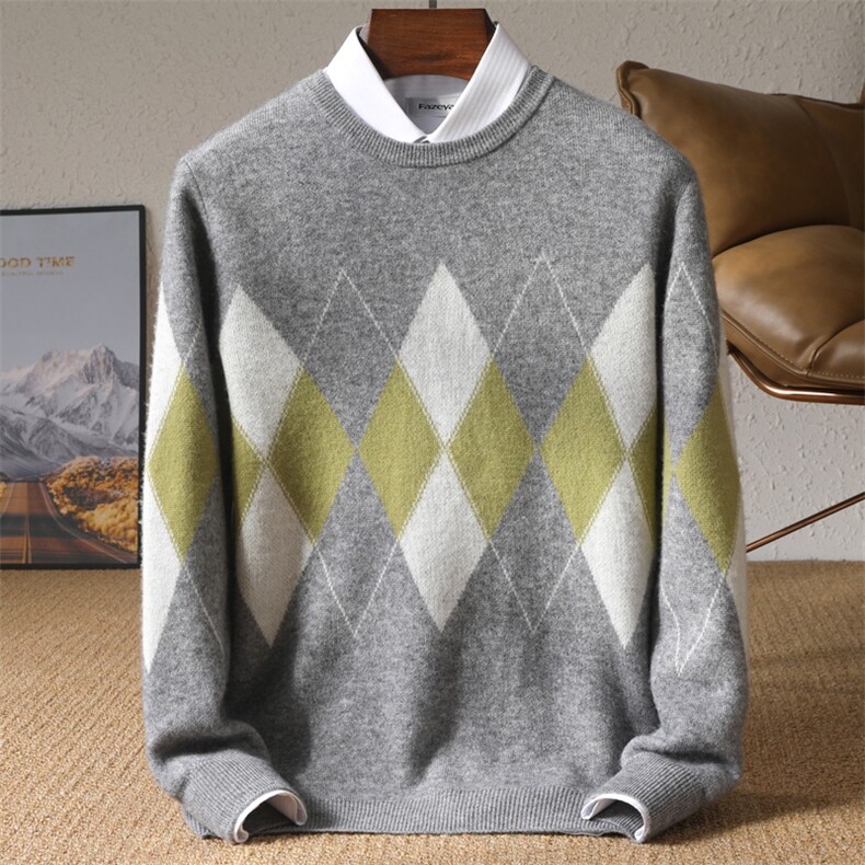 时尚男士秋冬保暖菱形格圆领撞色百搭休闲羊毛衫男装，男装羊毛衫，冬季工坊