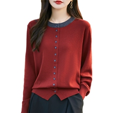 拼色假两件针织开衫女薄款外搭毛衣2025春秋宽松新款撞色开衫上衣，女装羊毛衫，暖烁羊绒