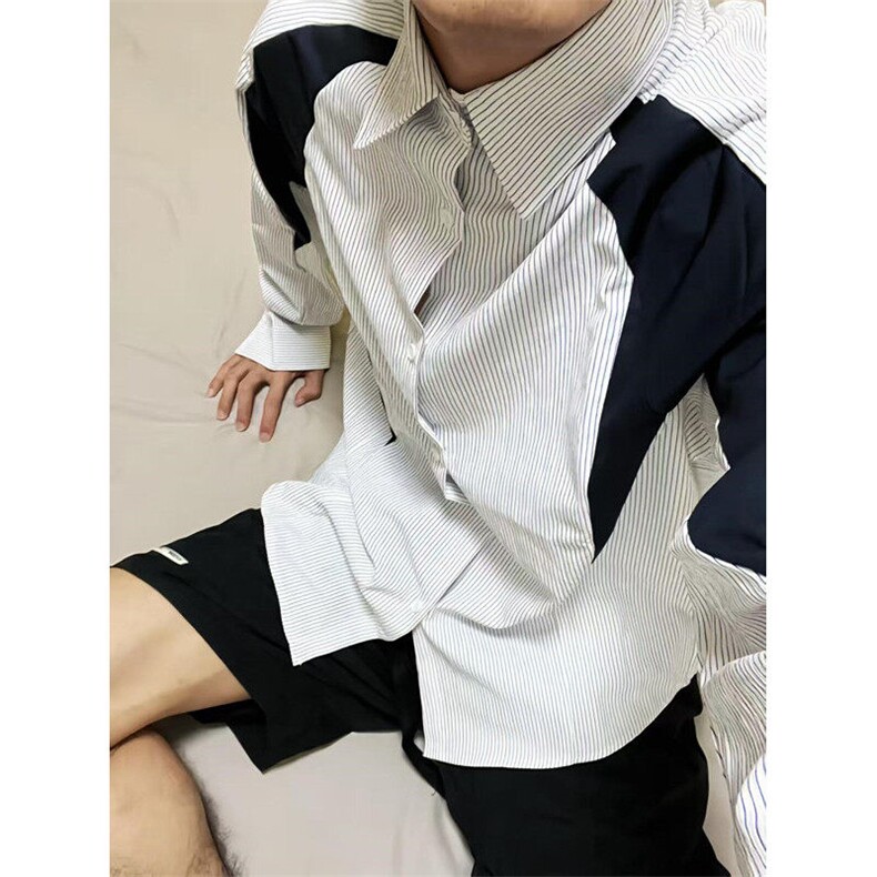 蓝白条纹拼接衬衫男长袖春秋季小众发型师男装衬衣外套C2222,男装衬衫,星座1116A（原606A-3）