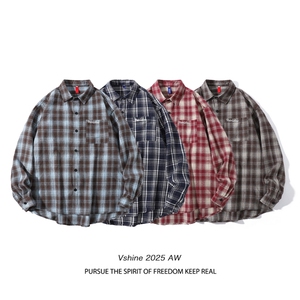 美式撞色格子衬衫男潮牌cleanfit慵懒感衬衣宽松百搭外套503特P40图片