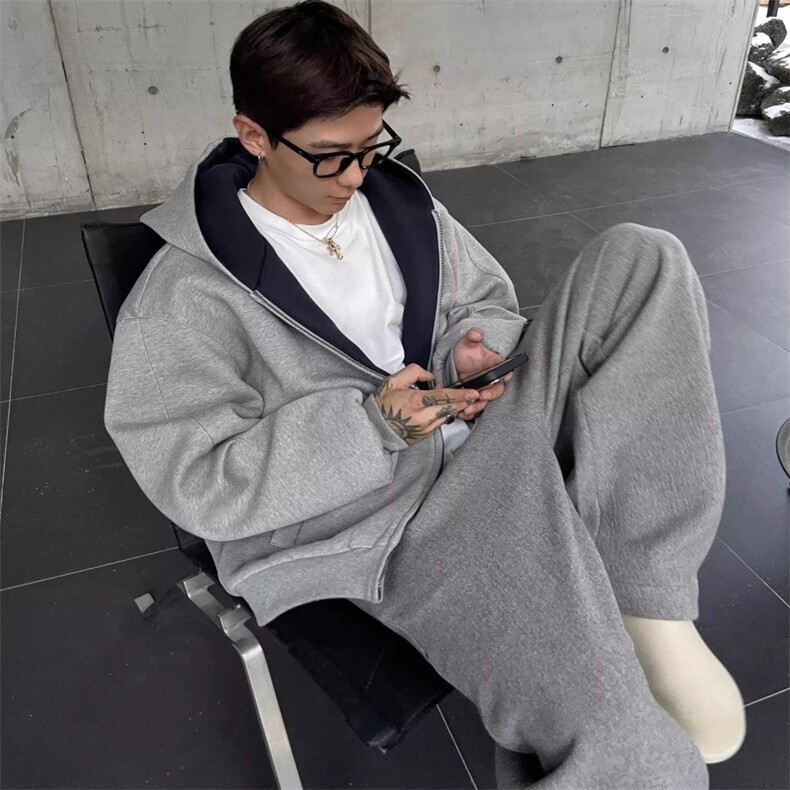 美式潮牌慵懒风拼色双拉链设计2025春季新款连帽休闲长袖男装上衣,男装卫衣,星座715-4