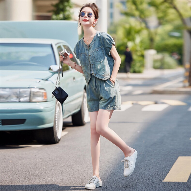 2024年夏装新款薄款洋气显瘦小个子短裤套装牛仔时尚气质两件套,女装套装/套裙,瑶迪依秀