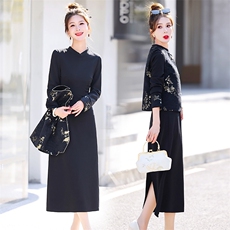 新中式连衣裙2025春新款高级感小香风气质马甲黑色长袖打底套装裙，女装套装/套裙，奕薇雅