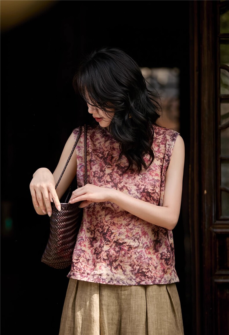 |"时光花铺"背心|数码印花圆领无袖上衣女25夏,女装衬衫,梦白服饰厂