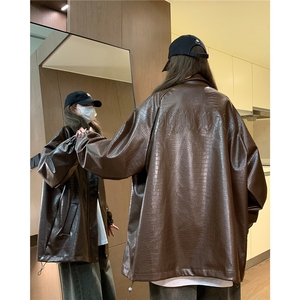 大码pu皮衣夹克钢印美式女复古oversize显瘦设计感情侣机车外套秋图片