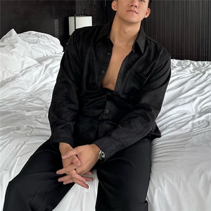潮牌痞帅外套男士秋冬麂皮绒纯色内搭衬衫高街上衣服长袖衬衣图片