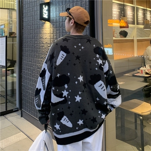 日系复古卡通拼色毛衣男秋冬季宽松慵懒圆领情侣针织衫 M814-P45图片