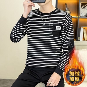 男士卫衣2024秋季条纹秋衣潮牌长袖T恤秋冬衣服加绒春秋打底衫男图片