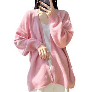 V领100%纯羊毛开衫女秋冬新款宽松慵懒风无扣羊绒衫针织外套毛衣图片