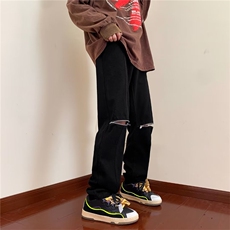 高街复古设计感小众炸街裤子男黑色膝盖破洞拉链牛仔裤K4397-P36，男装休闲裤，星座512-2