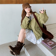 【新款】巴恩风格子拼接袖工装外套D2145-Y8829-P175-控258，女装短外套，2D145