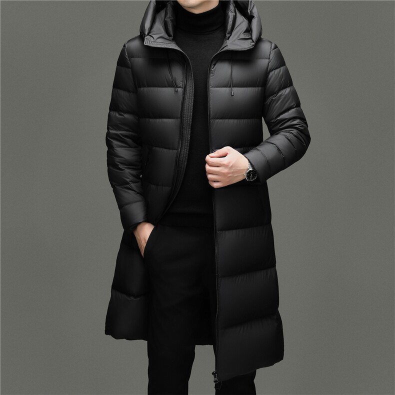 大货冬季男士连帽长款90%白鸭绒羽绒服大衣加厚240克羽绒外套，男装羽绒服，钱塘723