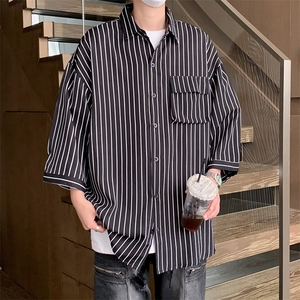 C2037/P35现货夏季条纹工装短袖衬衣男士宽松衬衫五分袖潮大码男图片