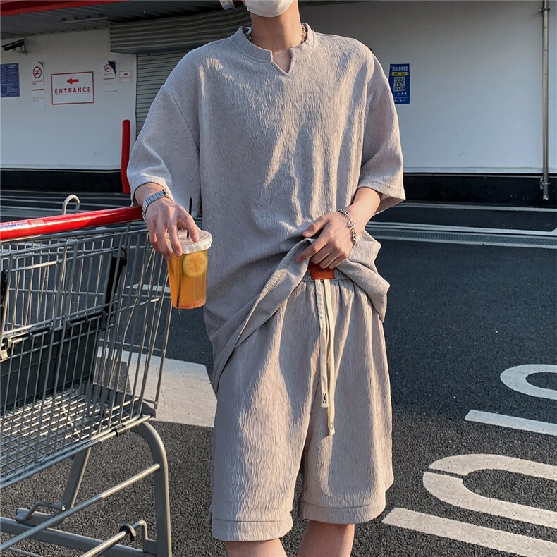 2026夏V领短袖冰丝T恤套装大码男纹理提花半袖TZ5677/特P45灰2,男装T恤,电商A094