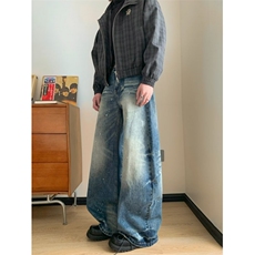 美式高街vibe复古蓝水洗做旧牛仔裤男潮直筒微喇长裤，男装牛仔裤，星座410-7