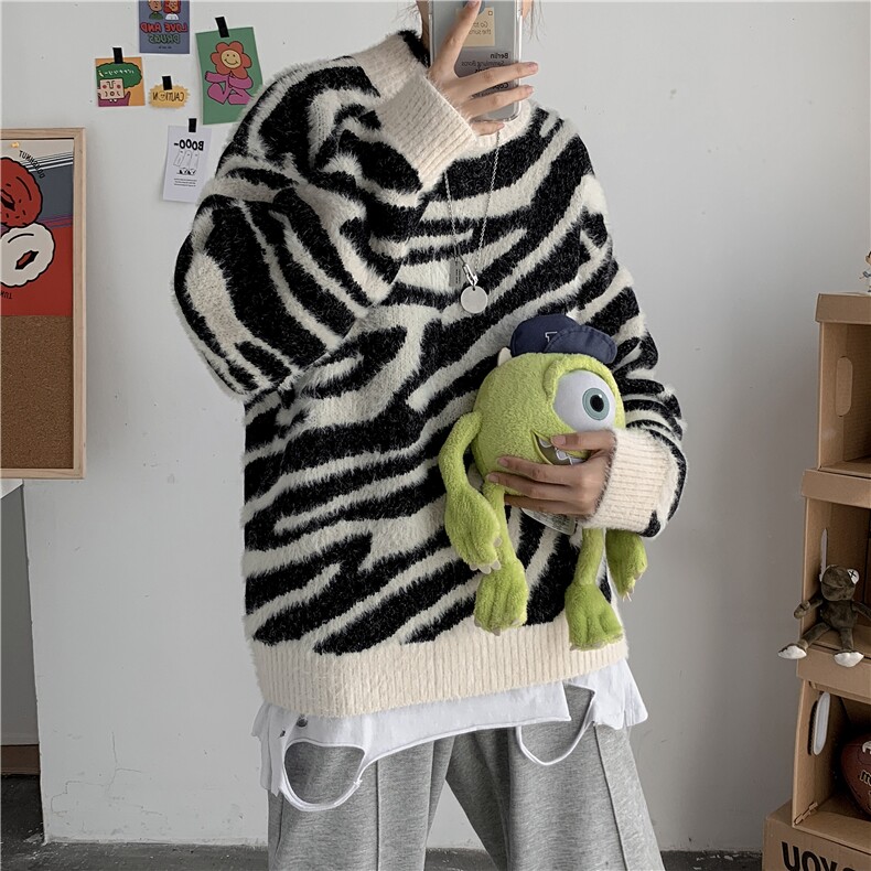 秋冬新韩版宽松黑白斑马纹套头慵懒风毛衣男女ins针织衫T806-P75,男装针织衫/毛衣,星座1501