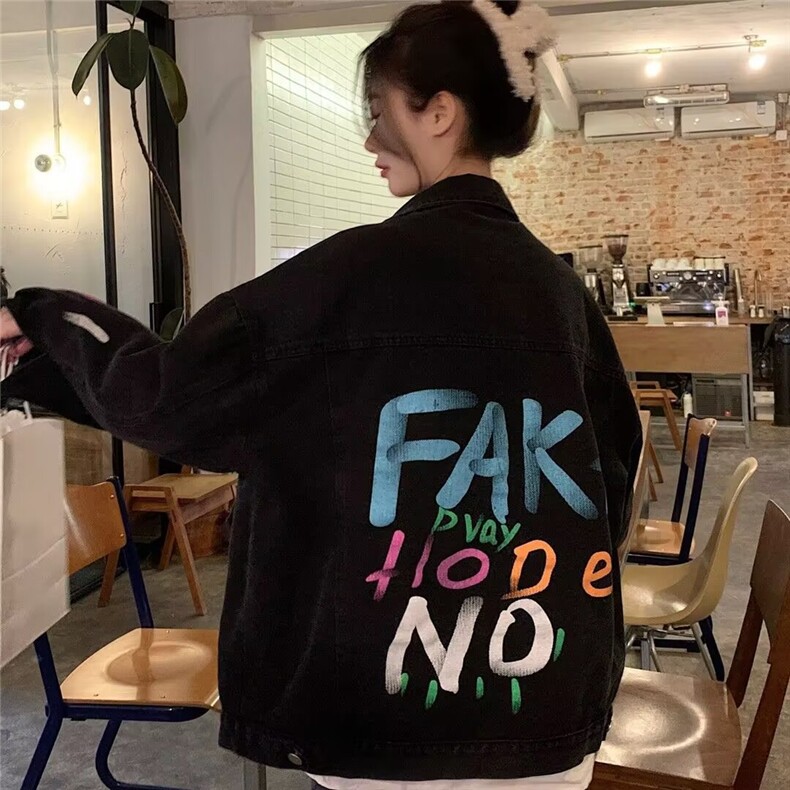 887-P52彩色涂鸦牛仔外套女春秋新款大码胖MM设计感小众,男装工装外套,电商B323A