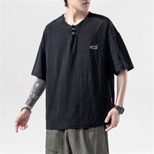 2021夏季新款日系大码男棉老鼠刺绣麻短袖亚麻风T恤T193-P30，男装T恤，电商A001