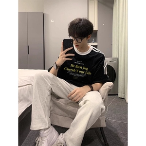 夏季美式高街重磅纯棉三条杠织带撞色男女短袖T恤ZD602-特P30图片