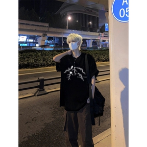 美式高街闪电印花简约百搭2重磅圆领短袖T恤潮牌潮流图片