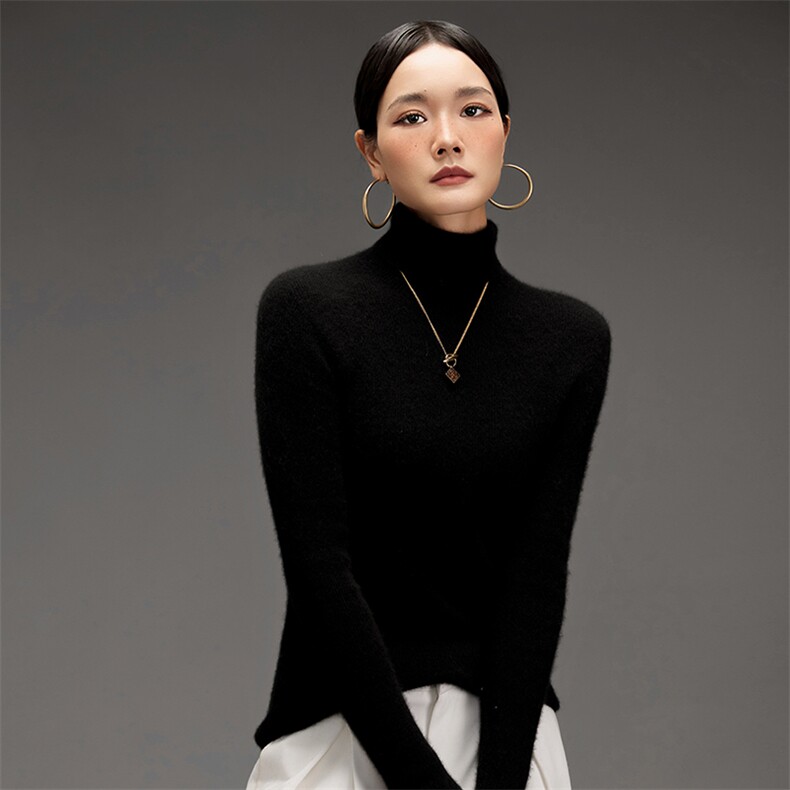2025年秋季常规套头单件长袖时尚百搭通勤抽条高翻,女装羊绒衫,鑫萬耀羊绒