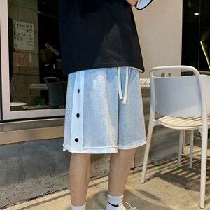韩版宽松休闲大裤衩纽扣开衩短裤男夏五分裤男士沙滩裤K399-P22,平底黑色系带小皮鞋女搭配图片