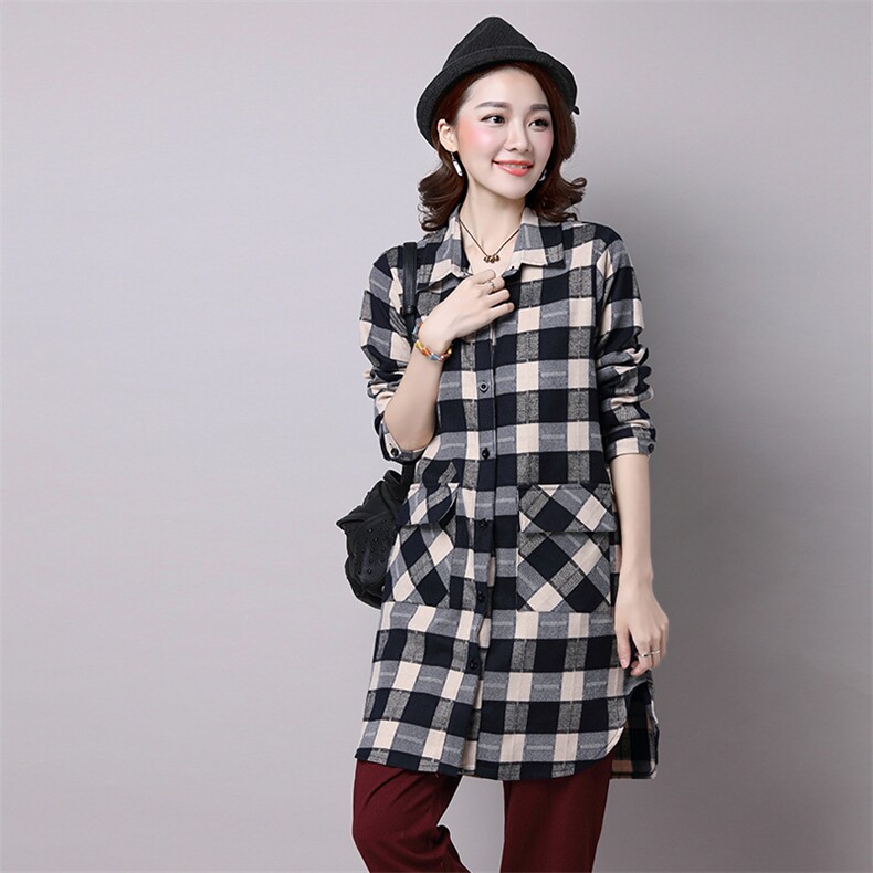 格子立领排多扣2021新款长袖中长款直筒口袋衬衫，女装衬衫，独衣靓