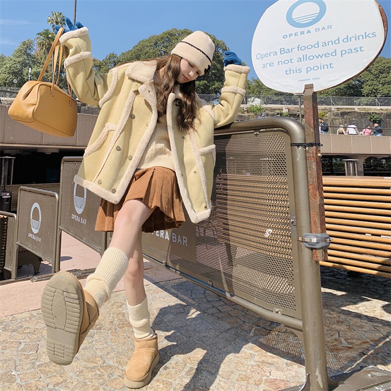 绿色羊羔毛外套女冬季新款韩系宽松减龄复古加绒加厚保暖皮毛一体，女装羊羔毛/颗粒绒，帛香坊