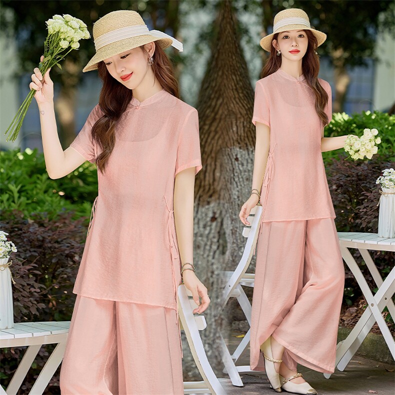 洋气粉色新中式套装女2025夏季薄款立领盘扣上衣显瘦阔腿裤两件套，女装套装/套裙，水衣源
