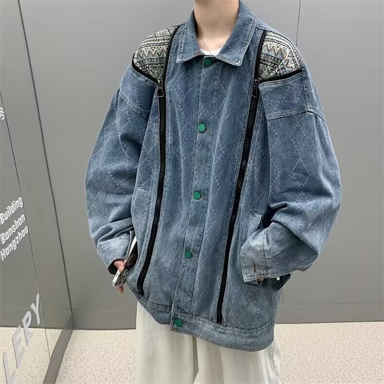 Y8091-P40复古民族风拼色贴布口袋拉链牛仔外套洋气时尚百搭翻领,男装工装外套,电商B323A