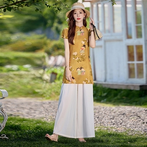 四季青2025夏季新款盘扣印花短袖衬衫时尚阔腿长裤两件套女潮图片