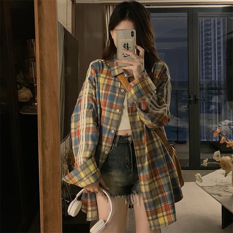 D603-P58美式复古条纹格子衬衫长袖春夏季外套情侣百搭宽松上衣，男装衬衫，星座911